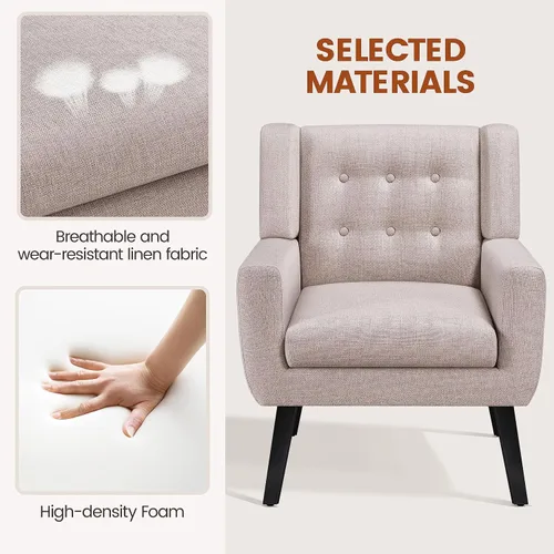 Vista 6 de Yaheetech Silla decorativa, moderno sillón copetudo con botones, sillas de tela de lino para sala de estar, dormitorio, cómoda silla de lectura