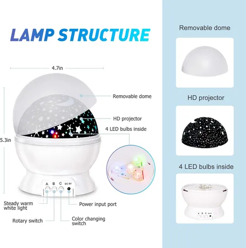 Vista 5 de Luz nocturna para niños, luces nocturnas LED, proyector de estrellas giratorio de 360 grados, 4 LED, 8 colores cambiantes con cable USB, lo mejor