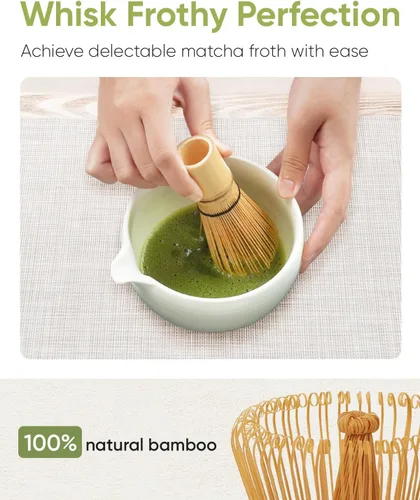 Vista 4 de Joiish Juego de batidor matcha, kit de 5 piezas, tazón de cerámica con asa y soporte, batidor de bambú, tamiz, cuchara, herramientas tradicionales