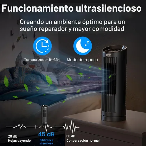 Vista 6 de JRD Ventilador de torre de 13 pulgadas para dormitorio, ventilador de escritorio silencioso con control remoto, oscilación de 80°, 3 velocidades, 4