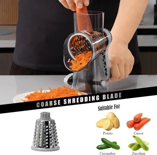 Vista 3 de Badelite Rallador de Queso con Manivela Giratoria Rallador de Queso de Acero Inoxidable Rebanadora de Verduras Rallador para Cocina 3 Cuchillas