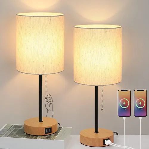 Vista 11 de Juego de 2 lámparas de mesa con puertos de carga USB, lámparas de noche blancas con salida de CA, lámparas de mesita de noche con interruptor