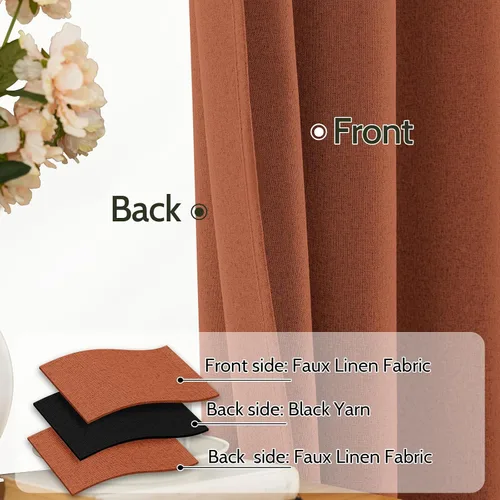 Vista 2 de SimpleHome - Cortinas 100% opacas de lino color naranja quemado, de 72 pulgadas de largo, con pestaña trasera de estilo granja para sala de estar