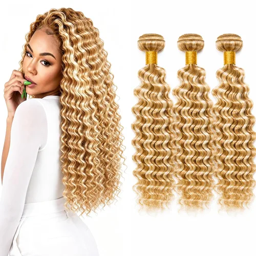 Vista 31 de P4613 Cabello humano rizado onda profunda marrón y paquetes mixtos 8 10 12 P4613 Ombre Marrón-Rubio-DP