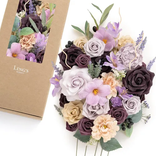 Vista 18 de Ling's moment Caja de flores artificiales, tallos de follaje artificial falso, rosas de espuma, dalia de seda, hierba de pampas, flor de tela