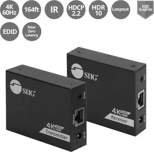 Vista 2 de SIIG Extensor HDMI 4K sobre Cat6, 164 pies, paso IR y salida de video, HDCP 2.2, audio de 5.1 canales, reducción de escala automática, protección