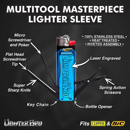 Vista 6 de LighterBro Funda para encendedor – Multiherramienta – Acero inoxidable 420 – Se adapta fácilmente a tus encendedores favoritos – Incluye mini
