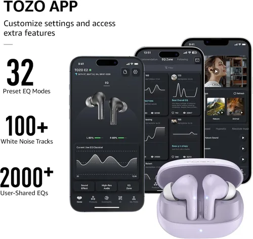 Vista 5 de Auriculares TOZO E2 inalámbricos con cancelación de ruido AI con 2 micrófonos, controladores de 10mm con potentes bajos, aplicación personalizada