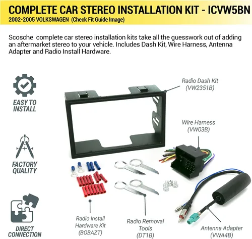 Vista 2 de Scosche ICVW5BN Kit de instalación de radio doble DIN y arnés compatible con vehículos Volkswagen no amplificados seleccionados 2002-2005 - Kit