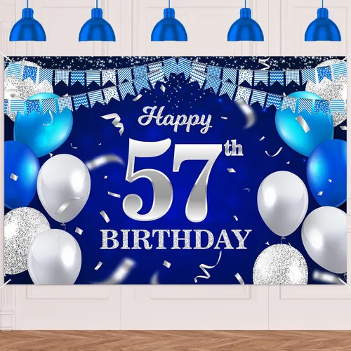Vista 37 de Bandera de feliz primer cumpleaños con fondo azul marino, globos, confeti, bandera de rayas, luces de puntos, felicitaciones por el tema de 1 año