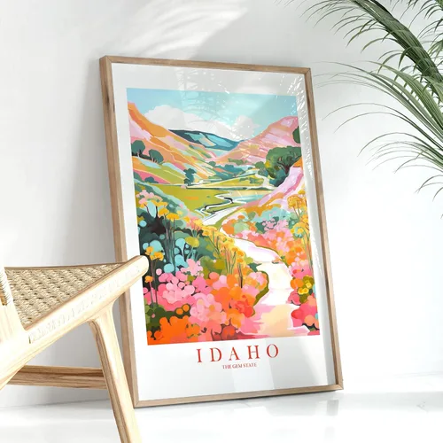 Vista 7 de ColorAndFlair Idaho Travel Print Gem State Souvenir ID Nature Pink Orange Teal Wall Art Mountains Landscape Retro Poster (8x10 inches)