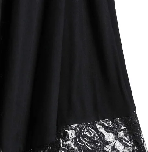 Vista 4 de Vestido gótico con vuelo para mujer, con tirantes delgados, hombros descubiertos, encaje, transparente, negro, irregular, vestido midi vintage
