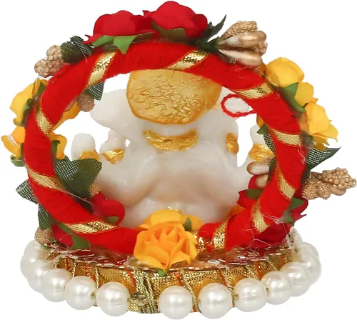 Vista 7 de eCraftIndia Lord Ganesha Idol en plato decorativo hecho a mano para el hogar y el automóvil