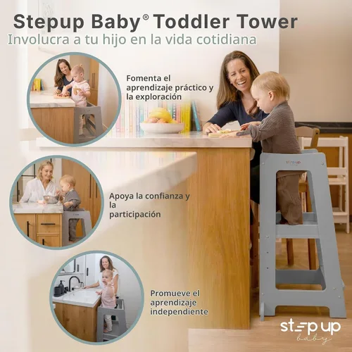 Vista 2 de Taburete de madera ajustable de 3 niveles para niños pequeños, color gris