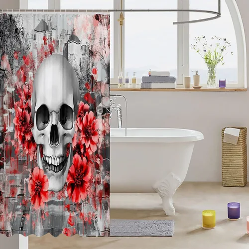 Vista 3 de Cortina de ducha con diseño de calavera de azúcar para niños y niñas, cortina de baño con rosas y rosas, decoración de habitación femenina