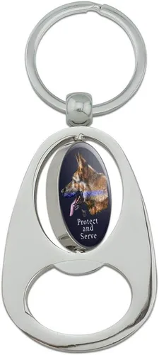 Vista 2 de Proteger y servir K9 Police Thin Blue Line Alemán Pastor Perro Llavero Cromo Metal Spinning Oval Abridor de botellas