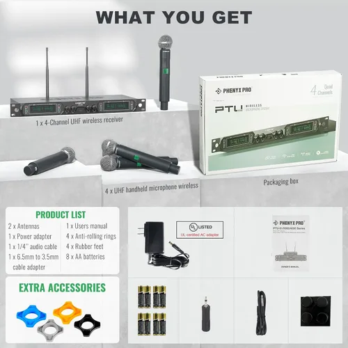 Vista 7 de Phenyx Pro Sistema de Micrófono Inalámbrico, Micrófono Inalámbrico UHF de 4 Canales, Micrófono Inalámbrico de Metal de Frecuencia Fija con 4