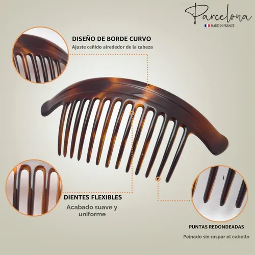 Vista 3 de Parcelona Par de peines laterales entrelazados de arco francés extra grande con carcasa marrón tortuga de 13 dientes