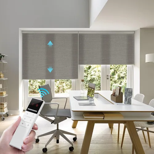 Vista 8 de ZSTARR Persianas motorizadas de filtrado de luz con control remoto, persianas enrollables recargables con cenefa, tamaño personalizado (beige)