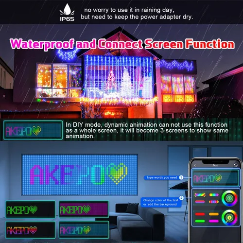 Vista 5 de AKEPO Luces LED inteligentes programables para colgar en ventana, IP65 400 RGB LED APP Control DIY texto y patrón de luces de hadas para propuestas