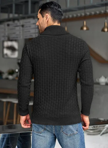 Vista 4 de COOFANDY Suéter de punto con cuello de chal para hombre, estilo casual, ajustado, con botones, texturizado