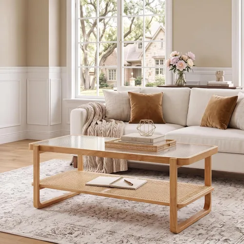 Vista 8 de TesNus Mesa de centro de madera maciza, moderna mesa de centro de ratán con estante de almacenamiento de 2 niveles, mesa de centro rectangular