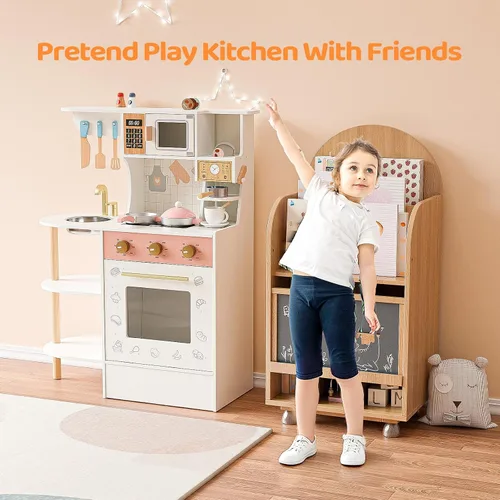 Vista 7 de JOYMOR Juego de Cocina Infantil, Cocina para Niños Pequeños con Fregadero de Cocina y Abundantes Accesorios de Cocina, Ideal para el Juego Creativo