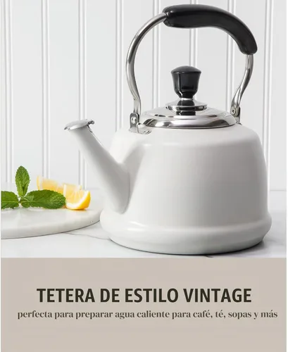 Vista 3 de Martha Stewart Kingstree - Tetera grande de acero inoxidable de calibre pesado de 2 cuartos de galón, lino blanco exterior