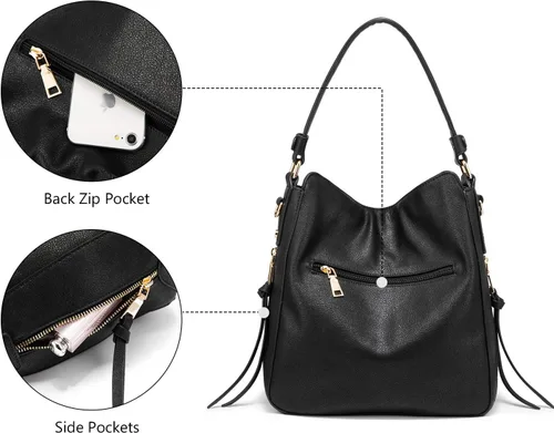 Vista 5 de Realer Bolsos Hobo para mujer, de piel sintética, bolso grande con borla, Hobo