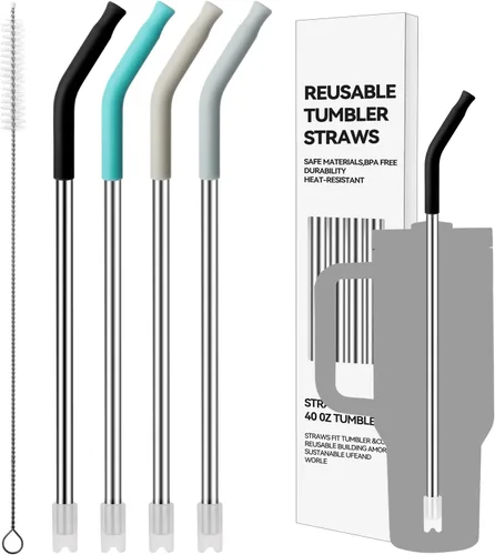 Vista 18 de 4 popotes de acero inoxidable reutilizables para vaso Yeti de 20 onzas, pajitas de metal con puntas de silicona para vaso Stanley de 20 onzas y vaso