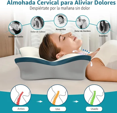 Vista 3 de Almohada cervical para aliviar el dolor de cuello, almohada ergonómica para el cuello, color blanco y azul