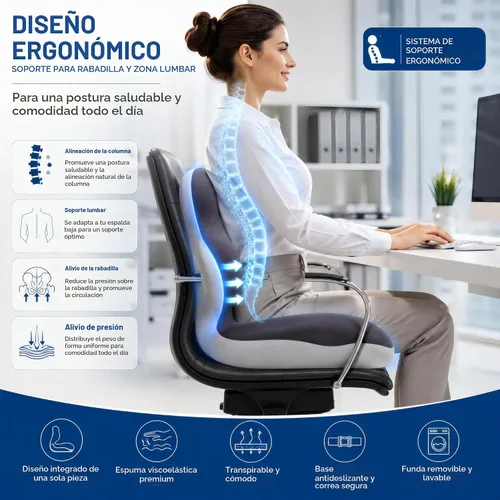 Vista 2 de Cojín ergonómico de espuma viscoelástica en forma de L con soporte lumbar, cojín para silla de oficina de una pieza para coxis, alivio del dolor