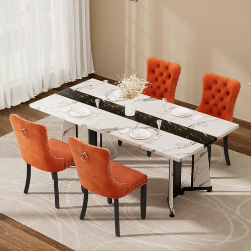 Vista 9 de Juego de mesa de comedor de 5 piezas con 4 sillas, mesa de comedor rectangular de madera de 71 pulgadas con sillas de comedor de terciopelo, tablero