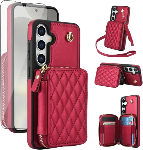 Vista 13 de Asuwish Funda de teléfono para Samsung Galaxy S25 5G Wallet Cell Cover con protector de pantalla de vidrio templado, correa cruzada de muñeca