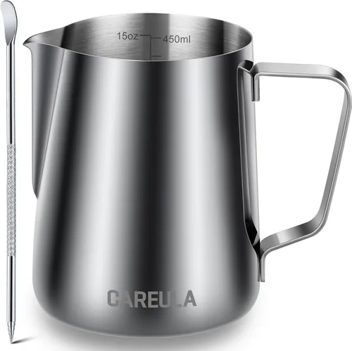 Vista 11 de Jarra de espuma de leche, taza espumadora de leche de acero inoxidable de 12 onzas, jarra de vapor para barra de café, capuchino, accesorios para A0