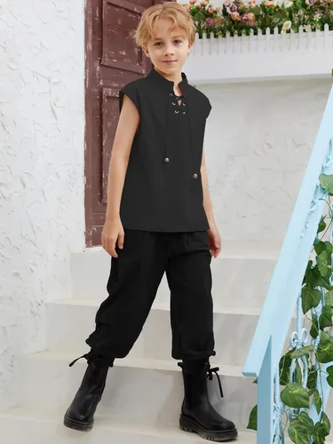 Vista 3 de Pantalones de tobillo medievales para niños, disfraz de pirata vikingo, renacentista, con cordones, con bandas cónicas, pantalones para niños