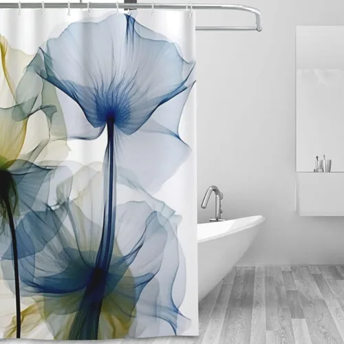 Vista 2 de YLATY2772 - Cortina de ducha de flores abstractas para baño, juego de cortina de ducha bohemia floral azul y verde, tela transparente, moderna