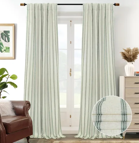 Vista 24 de DriftAway Cortinas opacas de mezcla de lino de granja de 90 pulgadas de largo para dormitorio, cortinas de lino con estampado de rayas verticales
