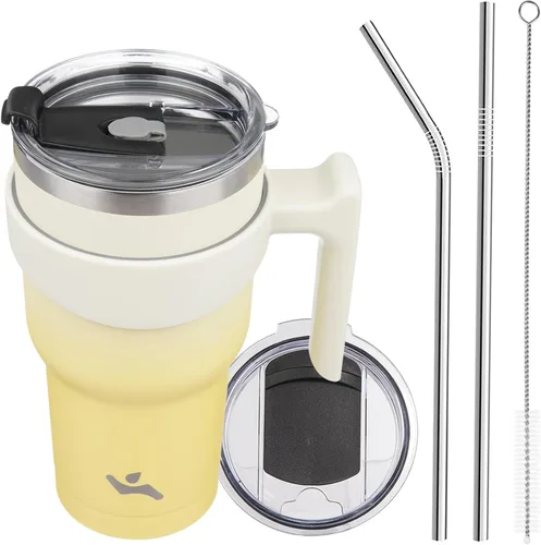 Vista 9 de Konokyo - Vaso de 10 onzas con asa y 2 popotes, 2 tapas, botella de agua aislada de acero inoxidable, taza de viaje reutilizable, color verde militar