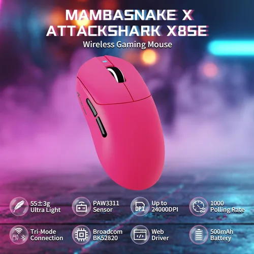 Vista 2 de ATTACK SHARK X8SE - Mouse inalámbrico para juegos, sensor óptico ajustable de 25 K DPI PAW3311, ergonómico de 2.08 oz ligero, triple modo