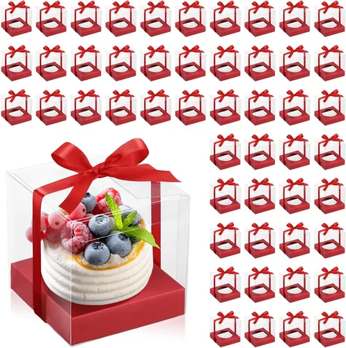 Vista 9 de Thenshop 50 cajas transparentes para cupcakes individuales de 3.5 pulgadas, cajas individuales de plástico para cupcakes con insertos y cinta