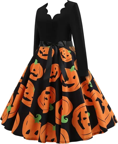 Vista 3 de Vestido de Halloween para mujer, estilo vintage de los años 50, estampado de calabaza, manga larga, cuello en V, talla grande, vestidos de noche