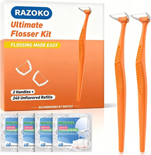 Vista 8 de RAZOKO Kit de hilo dental de mango largo (1 mango verde + 120 recambios) Púas de hilo dentales extra fuertes resistentes a la rotura para dientes