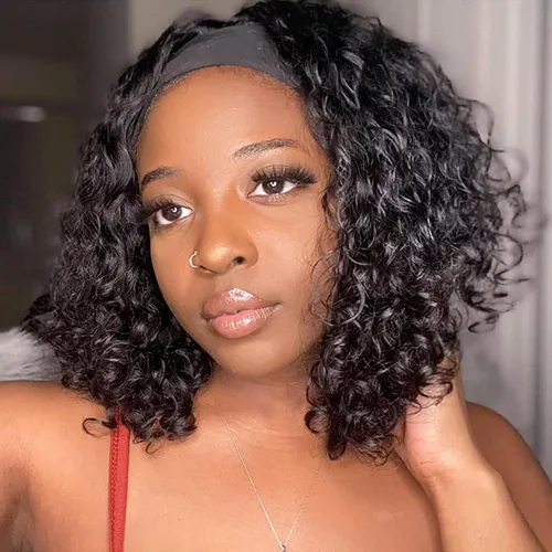 Vista 12 de Youngirl Peluca de cabello humano ondulado profundo con diadema de 12 pulgadas para mujeres negras, sin pegamento, sin encaje frontal, peluca