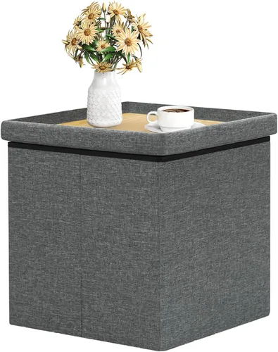 Vista 8 de B FSOBEIIALEO - Reposapiés otomano plegable de lino con espacio de almacenamiento, también utilizable como mesa de café