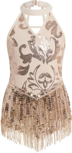 Vista 10 de IBAKOM Body de lentejuelas brillantes con flecos y cuello halter en V, leotardo de gimnasia para niños, espalda abierta, jazz latino, hip hop