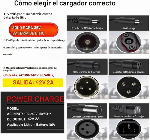 Vista 5 de Cargador de batería de litio de 36V, cargador de 42V 2A para patinete eléctrico, hoverboard, ebike, compatible con Gotrax, Jetson, Ninebot, Volpam