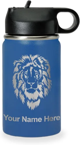 Vista 62 de LaserGram Botella de agua personalizada, cabeza de león, acero inoxidable de doble pared aislada al vacío con popote superior, regalo grabado