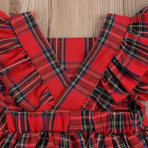 Vista 5 de GuliriFei Mameluco de Navidad para bebés y niñas, vestido de body rojo a cuadros para niños pequeños, manga con volantes, traje de fiesta