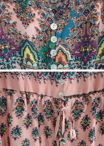 Vista 7 de R.Vivimos - Vestido bohemio a media pierna de verano para mujer con estampado floral, botones, tirantes delgados, cuello en V